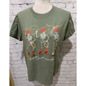 Let's Get Rowdy Rolled Cuff Graphic Tee Cowboy skeletons size medium